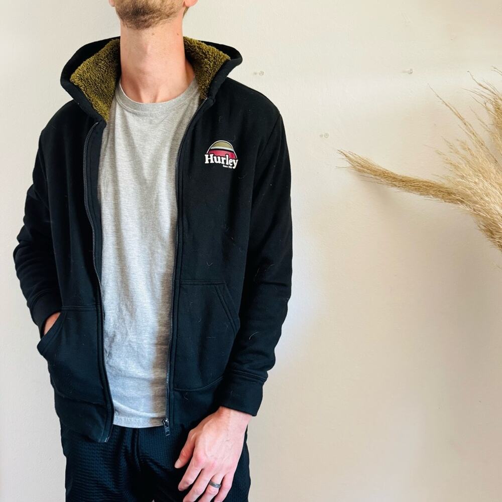 MENS HURLEY Black Olive Green Sherpa Fleece Lined Zip Hood Sweatshirt Sweater S
